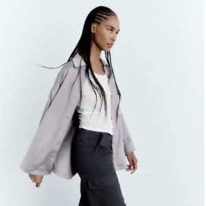 NWT Zara Satin oversize button up shirt jacket top gray silver pocket on side